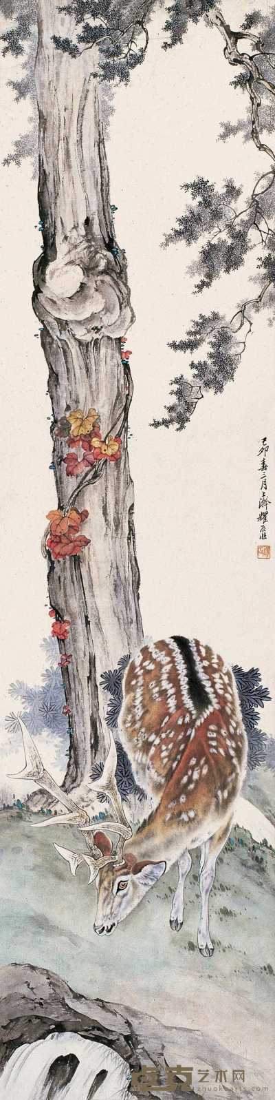 刘奎龄 1939年作 寿天百禄 立轴 143×36cm.